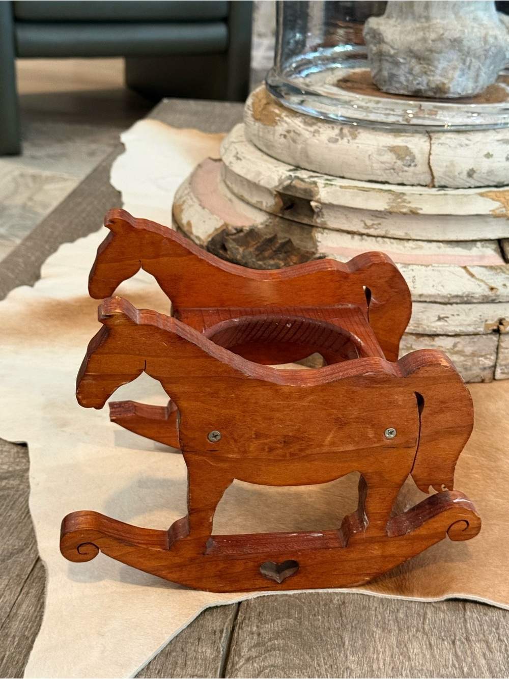 Handcrafted Wooden Rocking Horse Decorative Plant Holder - Brown